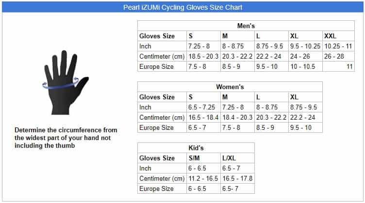 Pearl iZUMi cycling gloves size chart