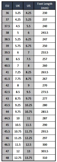 Fizik X4-Alp Shoe Size Chart