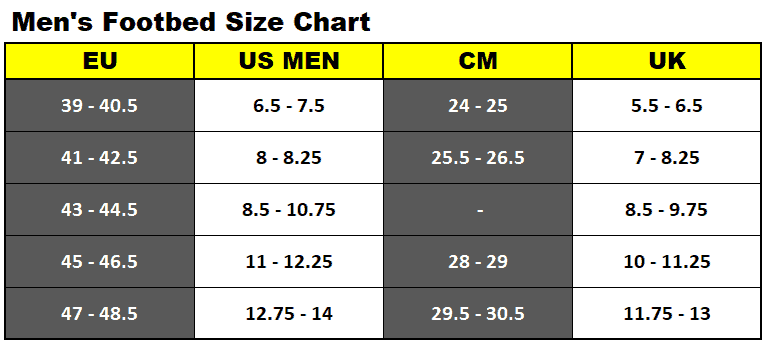 Men's footbed size chart