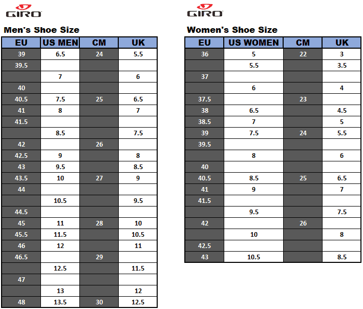 Giro Shoe Size Chart