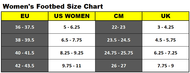 Women's footbed size chart