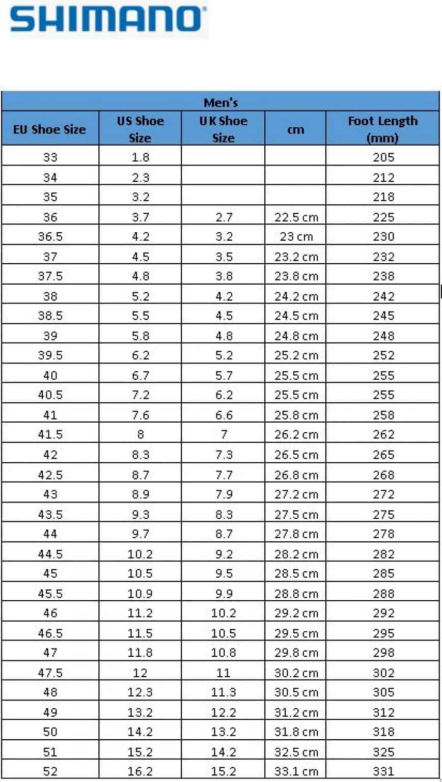 Shimano Cycling Shoes Size Chart (for both Men & Women)