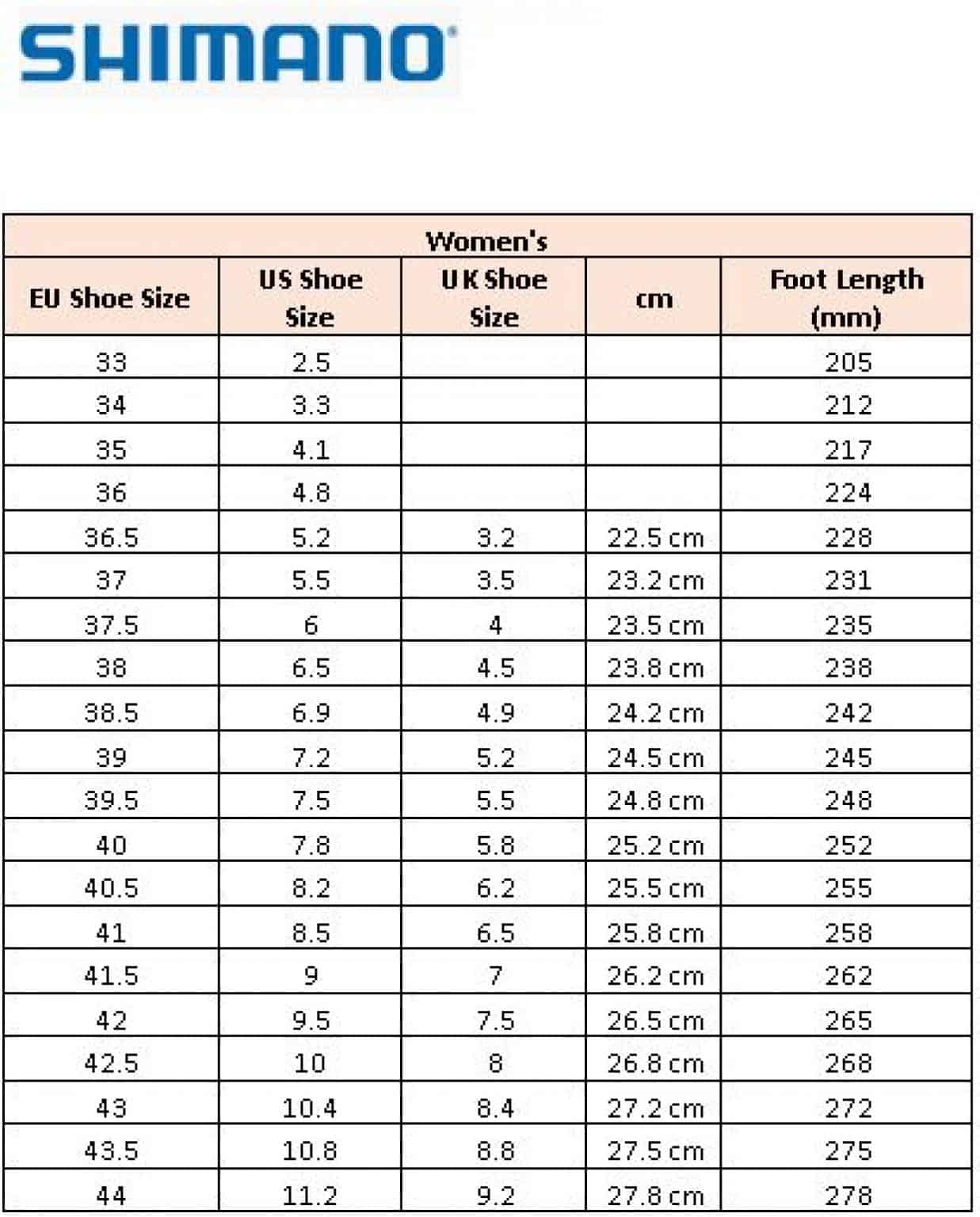 Shimano Cycling Shoes Size Chart (for both Men & Women)