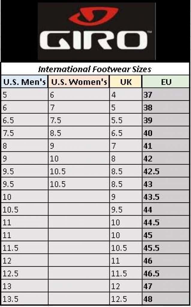 Giaro Shoe Conversion Chart