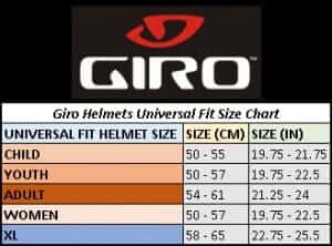 Universal fit Size Chart for Giro Helmets