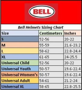 Universal fit Size Chart for Bell Helmets