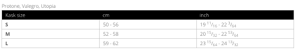 Protone valegro Utopia Size Chart